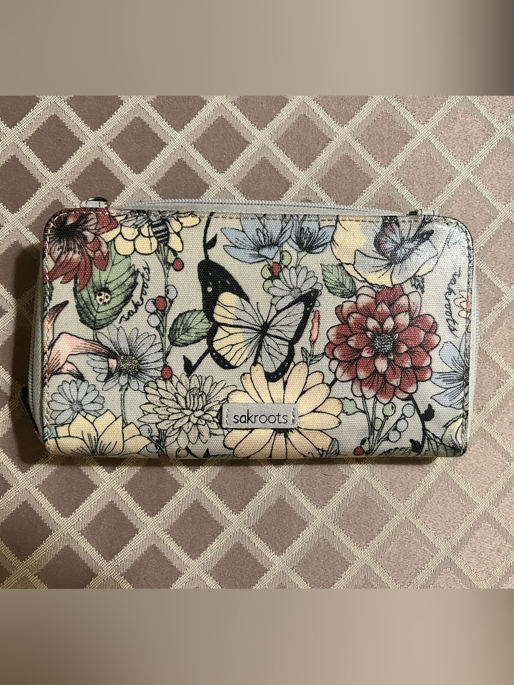 Sakroots Floral Butterfly Zip Wallet in Cream, Yellow, Blue, Red, Green